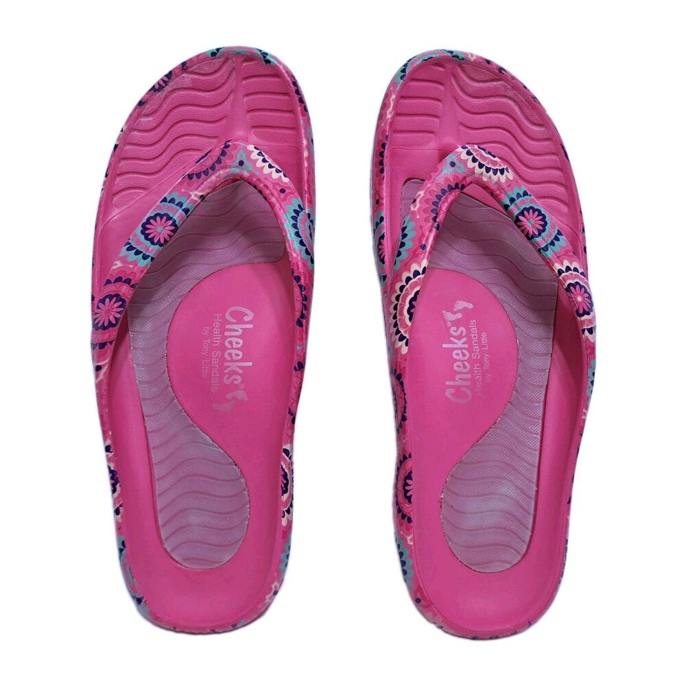Cheeks Health Sandals Tony Little Size 8 Pink Floral Thong Flip Flops Multicolor - Picture 6 of 8